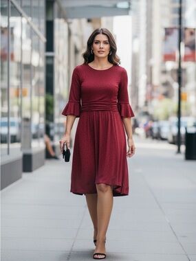 Connected Apparel no my Burgundy Fit-and-Flare Dress with Fluted Sleeves